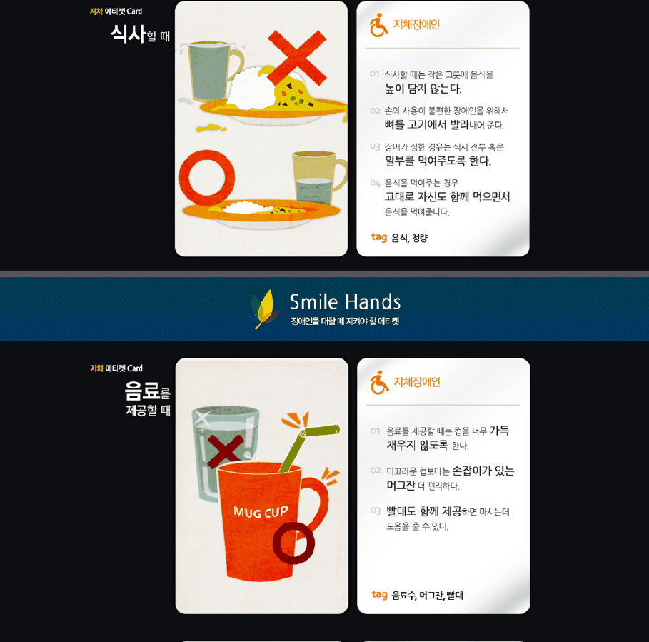 지체 에티켓 card 지체장애인 식사할 때 01 식사할 때는 작은 그릇에 음식을 높이 담지 않는다. 02 손의 사용이 불편한 장애인을 위해서 뼈를 고기에서 발라내어 준다. 03 장애가 심한 경우는 식사 전부 혹은 일부를 먹여주도록 한다. 04 음식을 먹여주는 경우 교대로 자신도 함께 먹으면서 음식을 먹여줍니다 tag 음식, 정량  지체 에티켓 card 음료를 제공할 때 지체장애인 01 음료를 제공할 때는 컵을 너무 가득 채우지 않도록 한다 02 미끄러운 컵보다는 손잡이가 있는 머그잔 더 편리하다 03 빨대도 함께 제공하면 마시는데 도움을 줄 수 있다 tag 음료수, 머그잔, 빨대