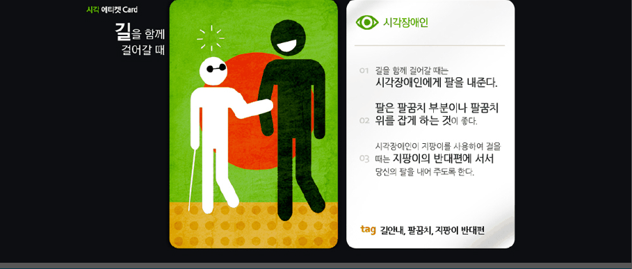 시각 에티켓 card 길을 함께 걸어갈 때 시각장애인 01 길을 함께 걸어갈 때는 시각장애인에게 팔을 내준다. 02 팔은 팔꿈치 부분이나 팔꿈치 위를 잡게 하는 것이 좋다. 03 시각장애인이 지팡이를 사용하여 걸을 때는 지팡이의 반대편에 서서 당신의 팔을 내어 주도록 한다. tag 길안내,팔꿈치,지팡이 반대편