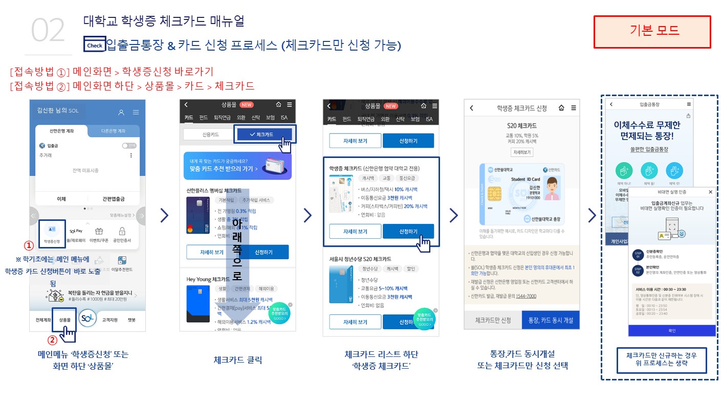 대학교 학생증 체크카드 매뉴얼, 입출금통장&카드 신청 프로세스(체크카드만 신청 가능),[접속방법01]메인화면>학생증신청 바로가기. [접속방법02]메인화면 하단 > 상품몰 > 카드 > 체크카드
						메인메뉴 '학생증신청'또는 화면 하단 '상품몰', 체크카드 클릭, 체크카드 리스트 하단 '학생증 체크카드', 통장,카드 동시개설 또는 체크카드만 신청선택, 체크카드만 신규하는 경우 위프로세스는 생략