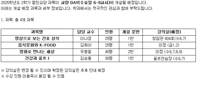 2025학년도 2학기 열린교양 개설 예정 과목 안내