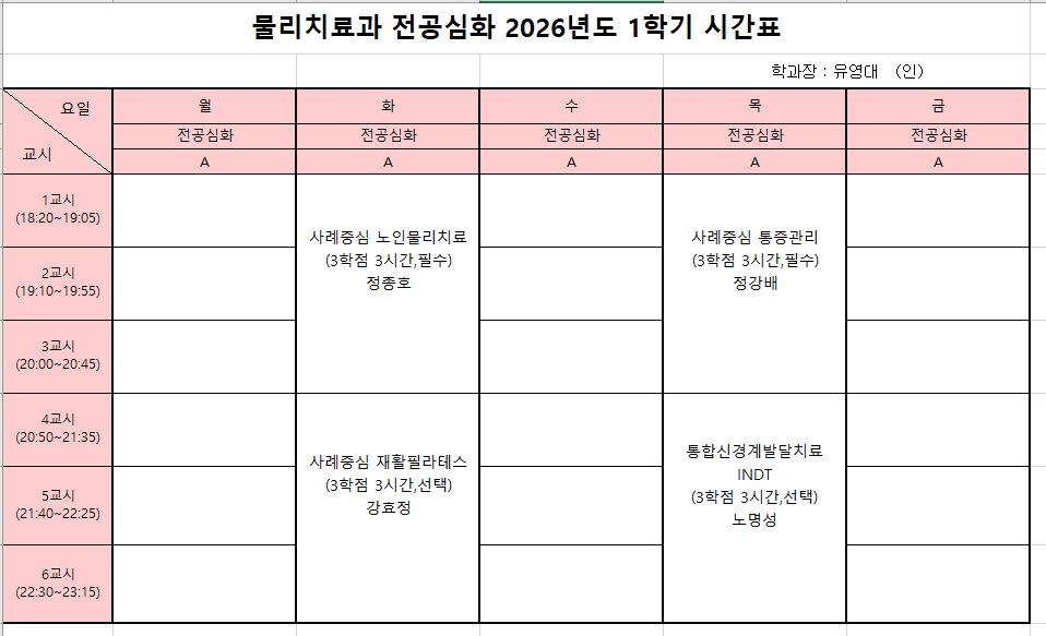 2026학년도 1학기 물리치료과 전공심화과정 시간표