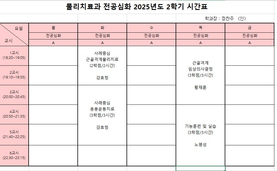 2025학년도 2학기 전공심화 과정 시간표