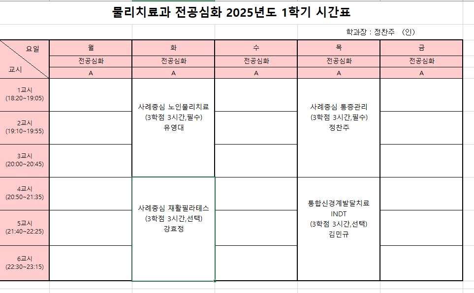 2025학년도 1학기 전공심화 과정 시간표