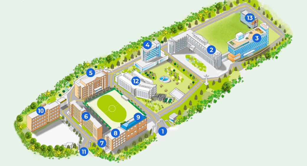 캠퍼스 약도, 주요 건물에 대한 1~13까지 위치 표시