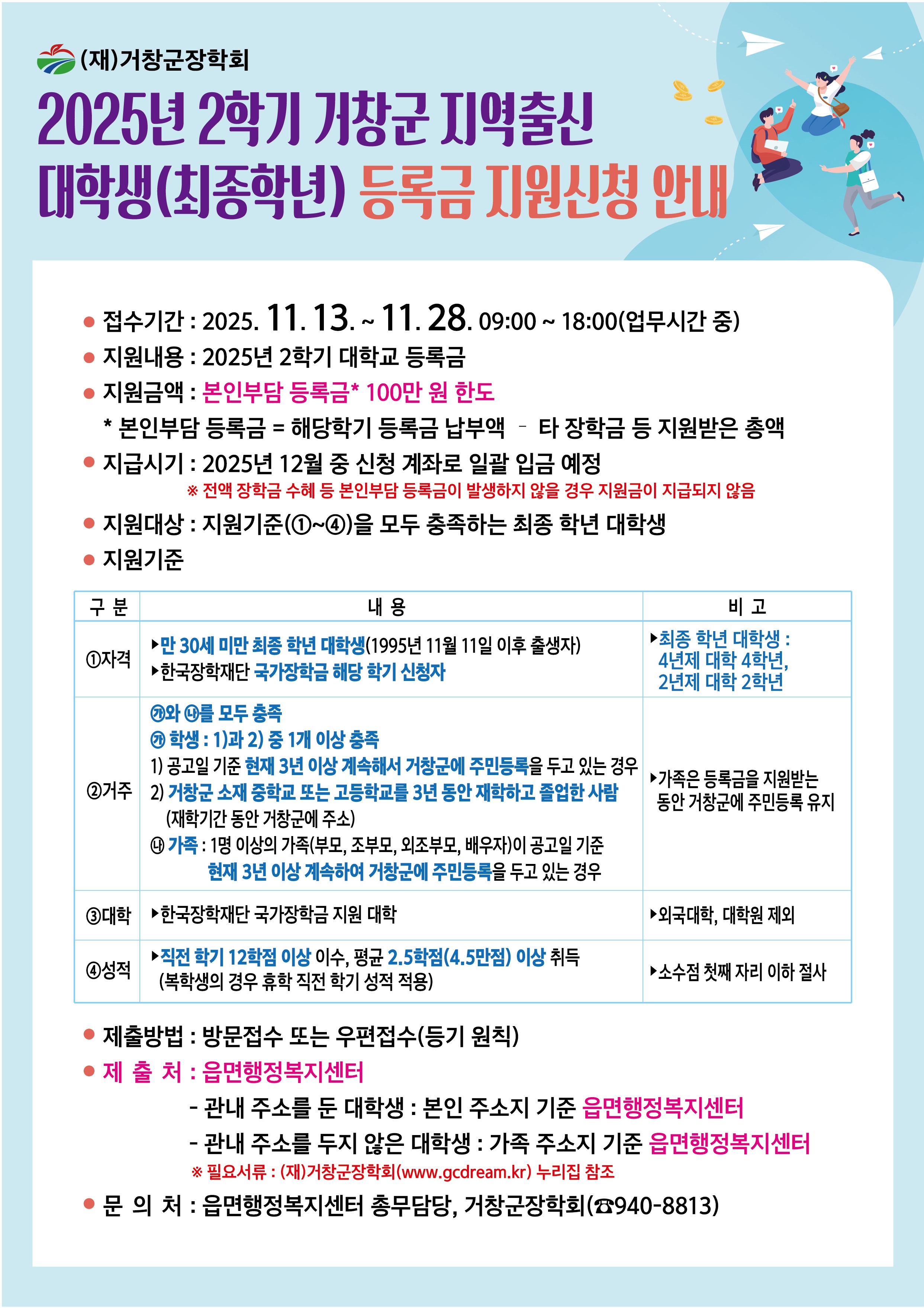 2025년 2학기 거창군 지역출신 대학생 등록금 지원사업 안내