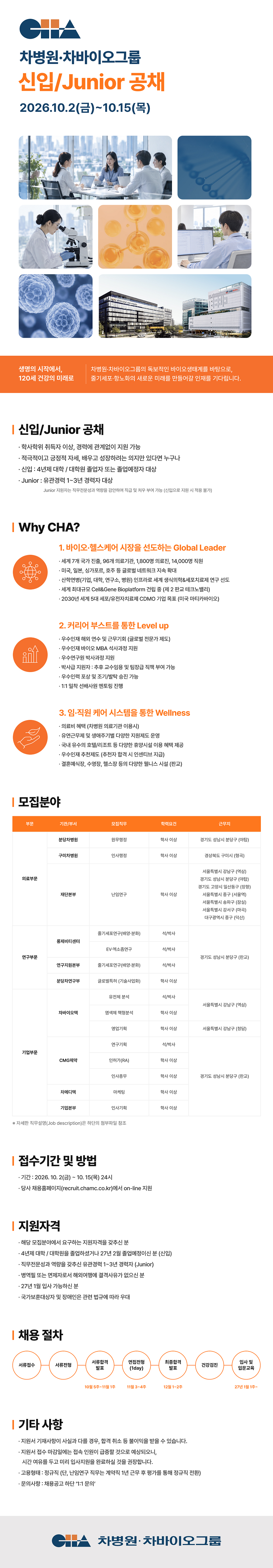 [성광의료재단] [그룹 공채] 2026 차병원·차바이오그룹 신입/Junior 공채