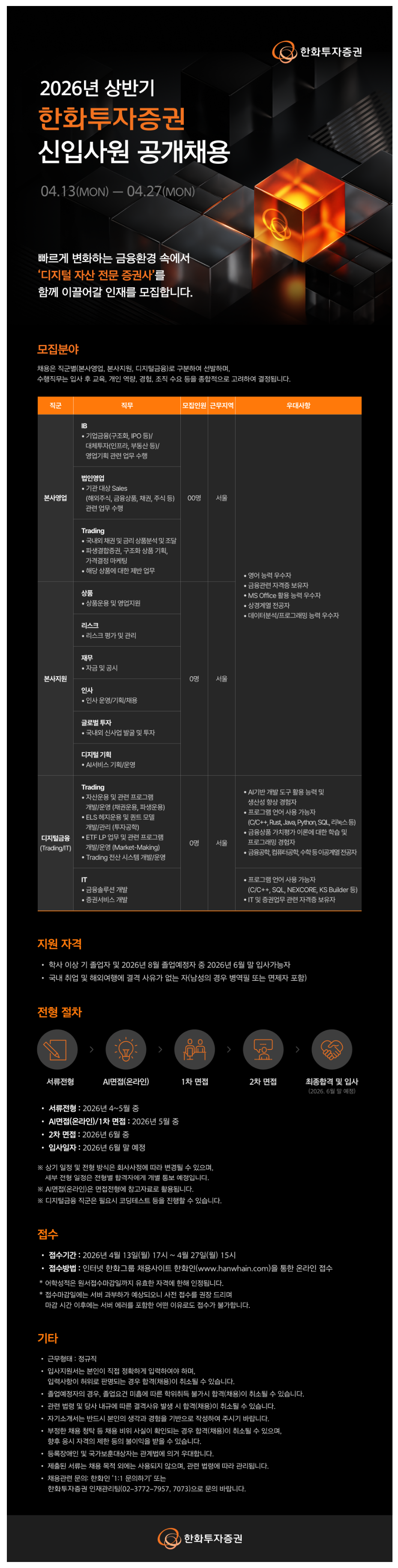 [한화투자증권] 2026년 상반기 신입사원 공개채용 #공채